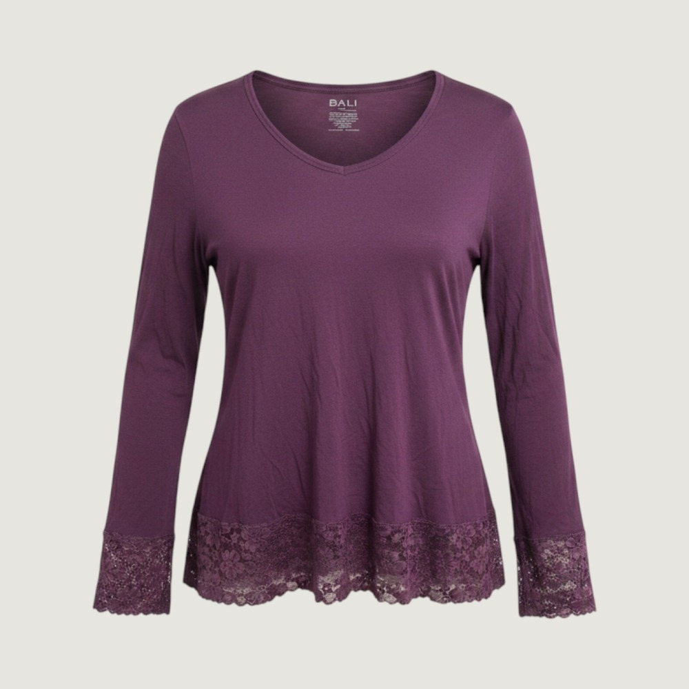 Bali Lace Trim Long Sleeve Top Womens XL Purple Stretch Flowy Romantic Boho